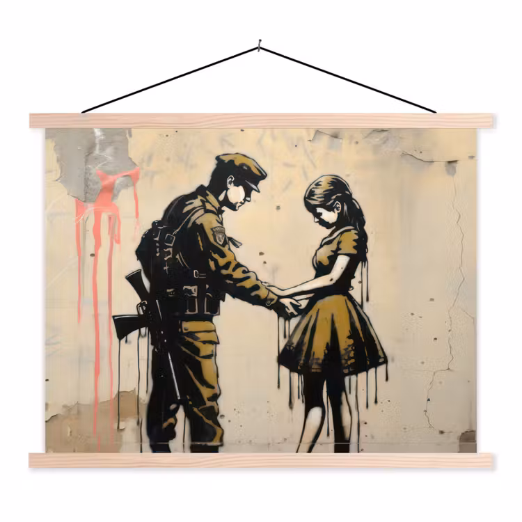 Soldaat - Meisje - Bruin - Graffiti textielposter latten blank klein -3d