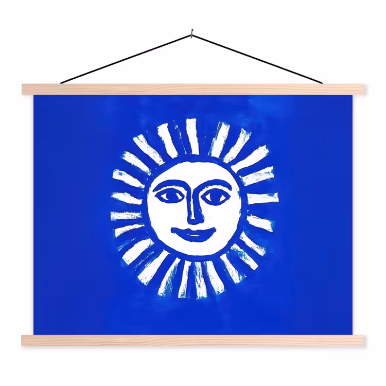 Zon - Gezicht - Penseelstructuur - Blauw textielposter latten blank klein -3d