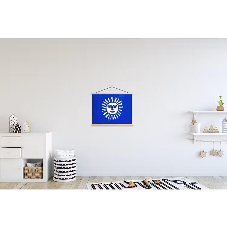 Zon - Gezicht - Penseelstructuur - Blauw textielposter latten blank klein -kinderkamer