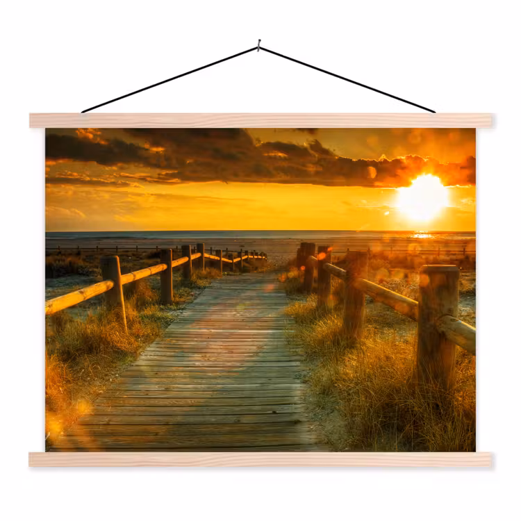 Zon - Strand - Duin - Horizon - Gras - Pad - Oranje textielposter latten blank klein -3d