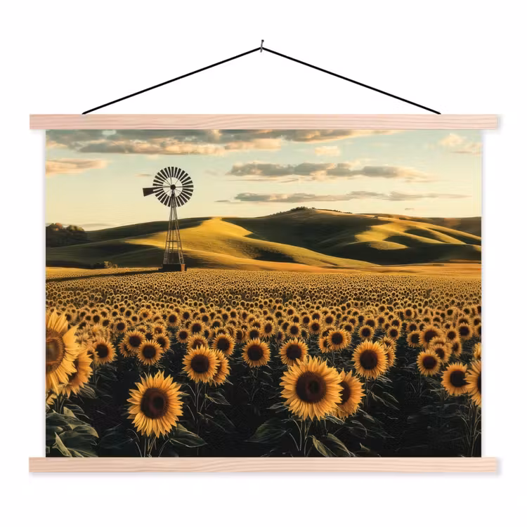 Zonnebloem - Veld - Windmolen textielposter latten blank klein -3d