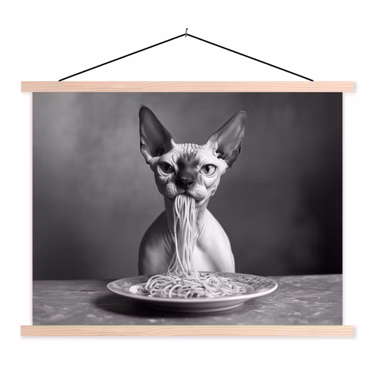 Sphynx - Kat - Dieren - Humor - Spaghetti - Zwart Wit textielposter latten blank klein -3d