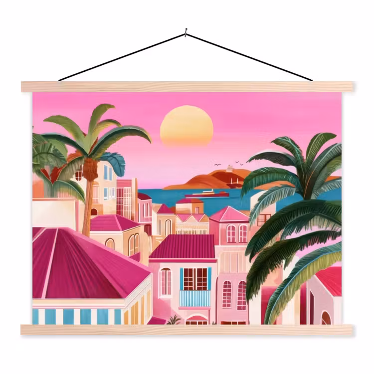 Stad - Roze - Palmbomen textielposter latten blank klein -3d
