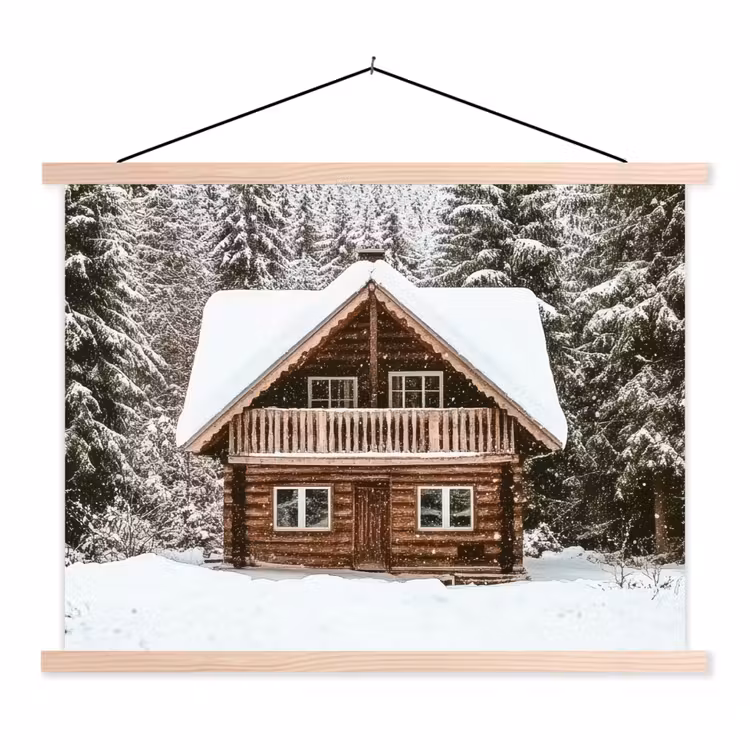 Huis - Bos - Winter - Natuur - Sneeuw textielposter latten blank klein -3d