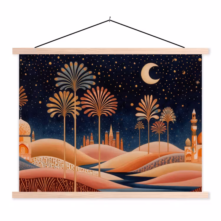 Sterrenhemel - Palmen - Rivier textielposter latten blank klein -3d