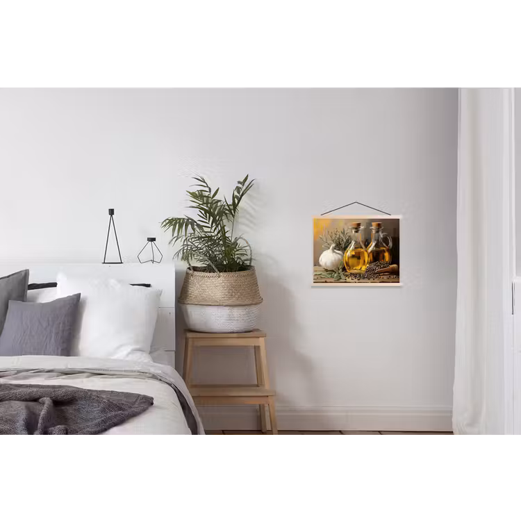 Stilleven - Olijfolie - Knoflook - Kruiden textielposter latten blank klein -woonkamer