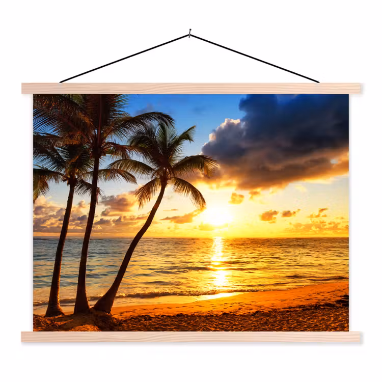 Strand - Horizon - Zonsondergang - Palmboom - Zee textielposter latten blank klein -3d