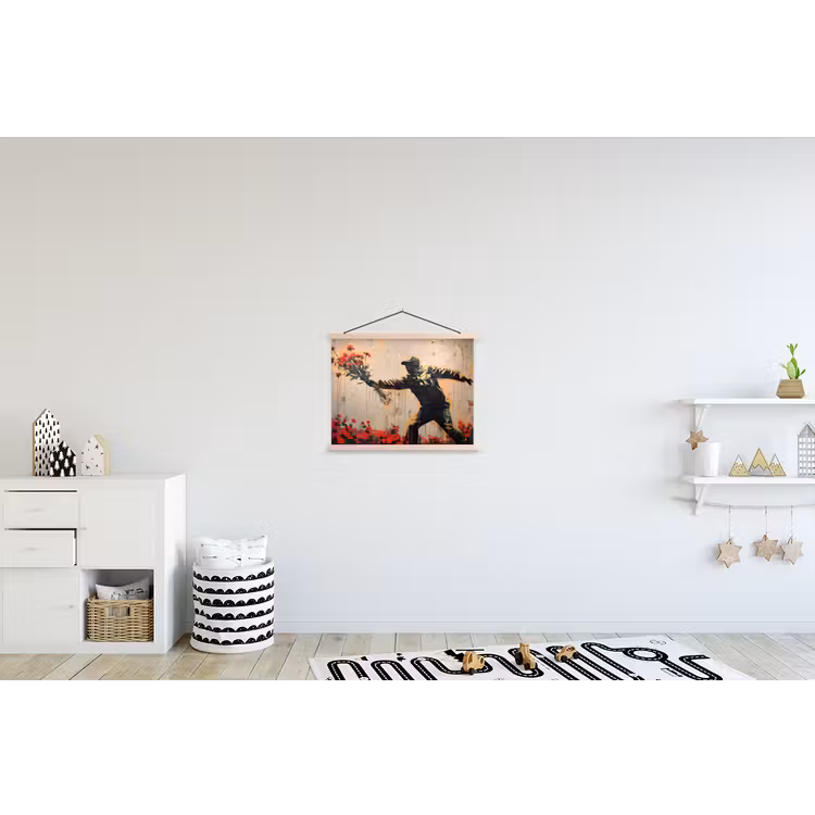 Street art - Man - Bloemen - Rood - Graffiti - Banksy textielposter latten blank klein -kinderkamer