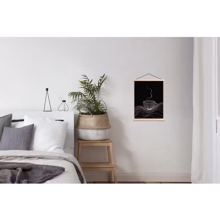 Lijntekening - Koffiekop - Zwart textielposter latten blank klein -woonkamer