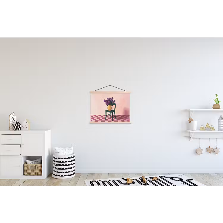 Stoel - Vaas - Bloemen - Geblokt textielposter latten blank klein -kinderkamer