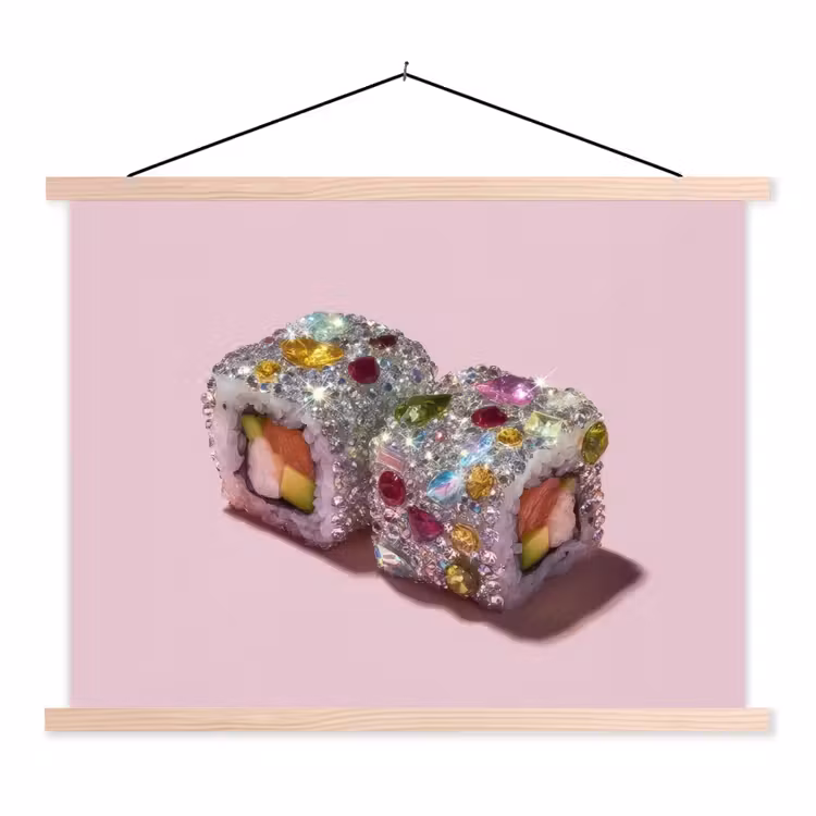 Sushi - Rolletjes - Steentjes - Kleurrijk textielposter latten blank klein -3d