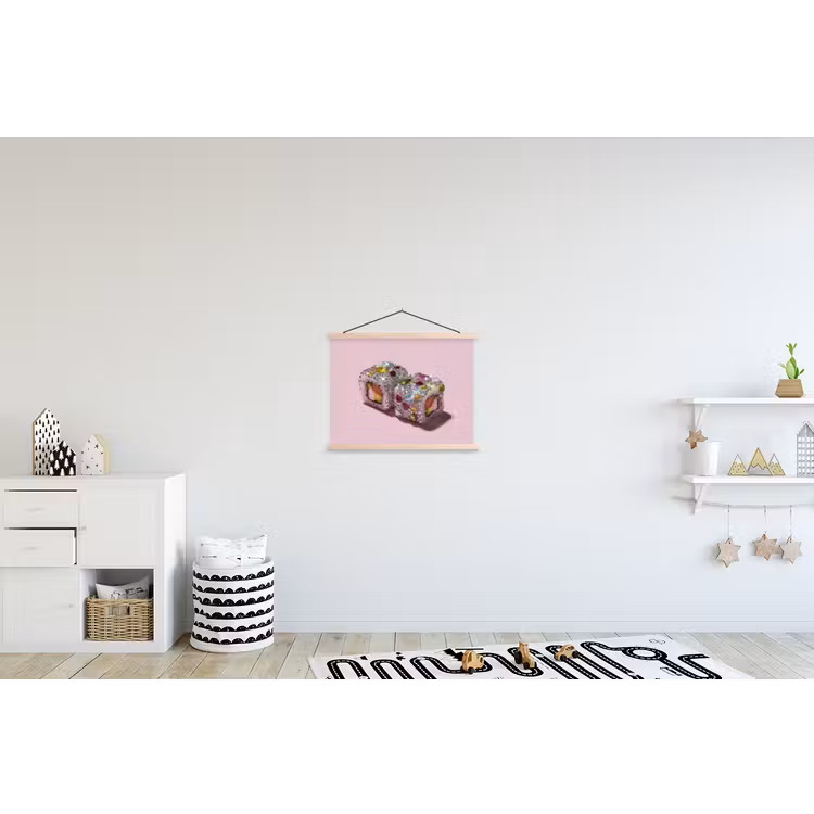Sushi - Rolletjes - Steentjes - Kleurrijk textielposter latten blank klein -kinderkamer