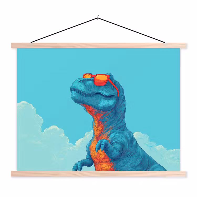 T-Rex - Blauw - Wolken - Zonnebril textielposter latten blank klein -3d