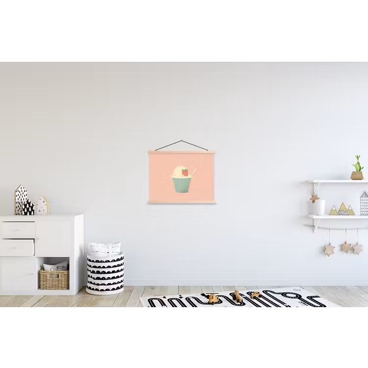 Bakje - Ijs - Aardbei - Roze textielposter latten blank klein -kinderkamer