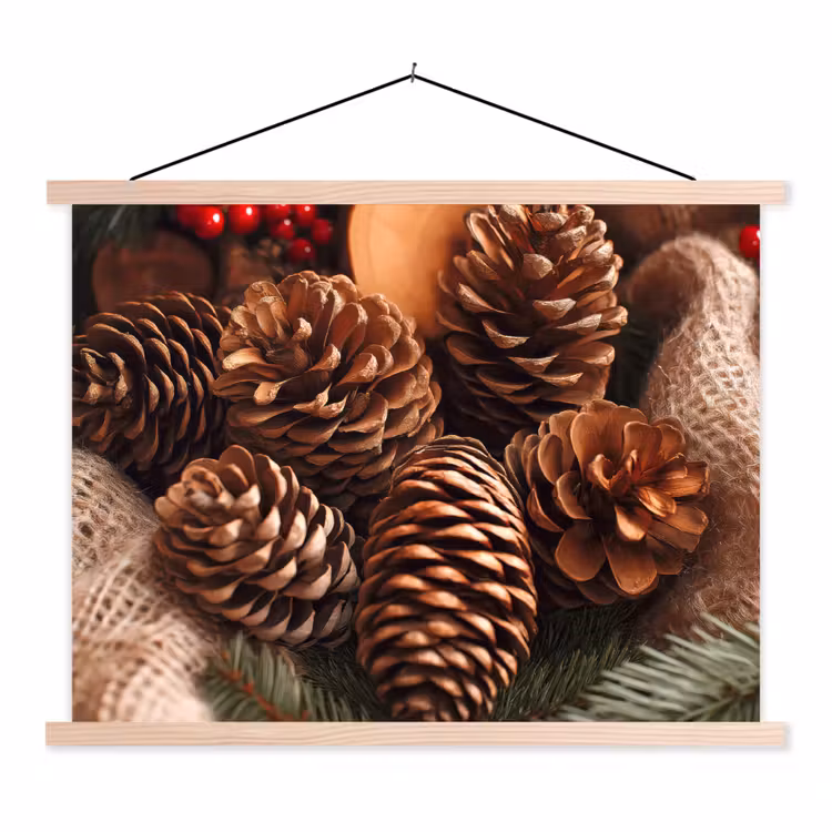 Dennenappels - Boom - Winter - Natuur - Bruin textielposter latten blank klein -3d