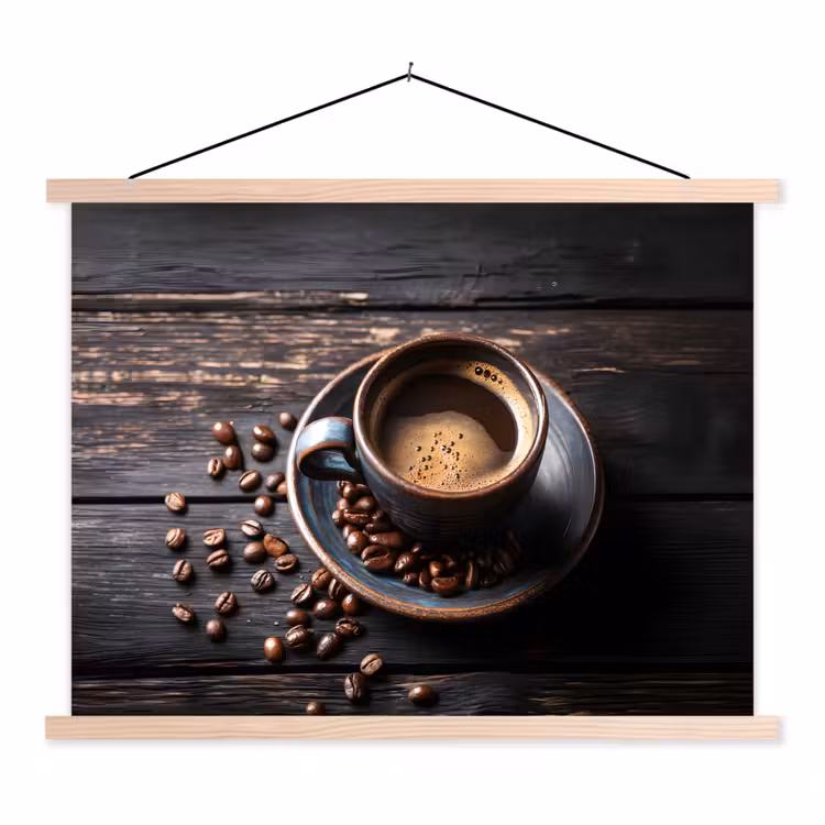 Kop - Koffie - Hout - Bonen textielposter latten blank klein -3d