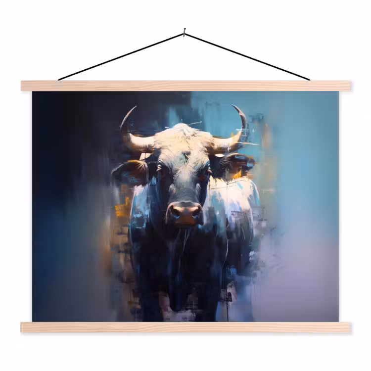 Stier - Zwart - Abstract - Horens textielposter latten blank klein -3d