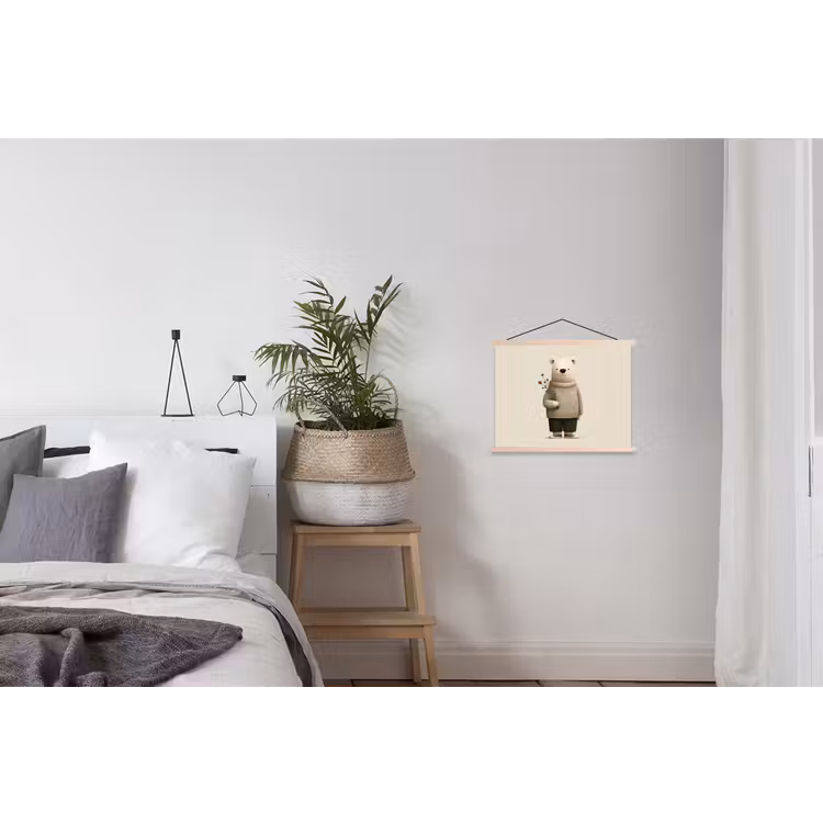 Knuffelbeer - Oranje bloemen - Vriendelijk textielposter latten blank klein -woonkamer