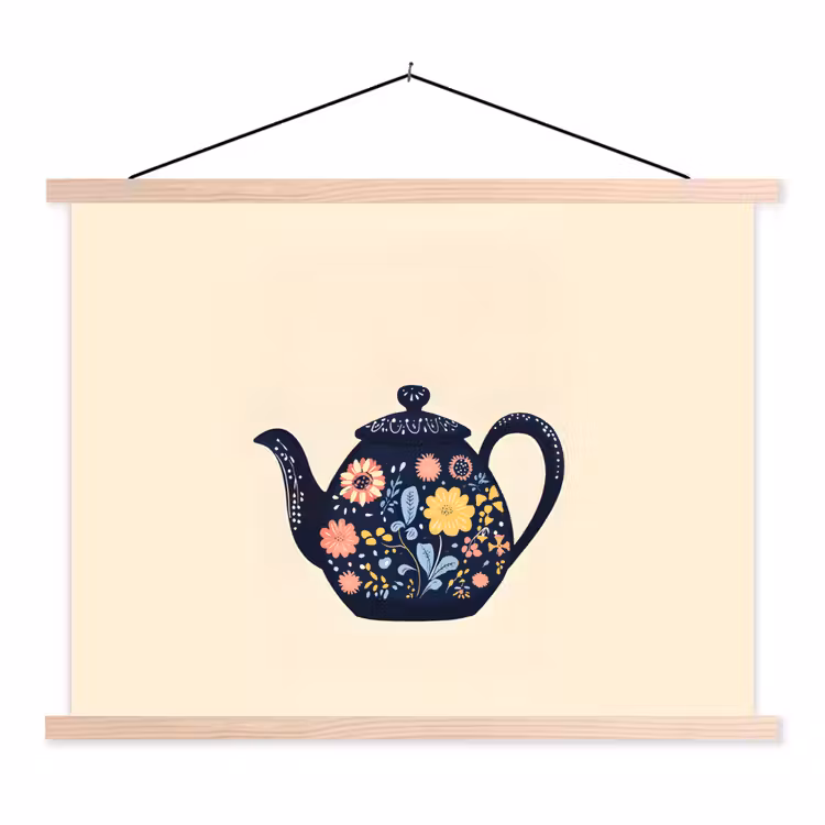Theepot - Kleurrijk - Bloemen textielposter latten blank klein -3d