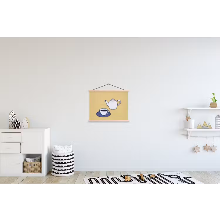 Theepot - Kopje - Beige - Illustratie textielposter latten blank klein -kinderkamer