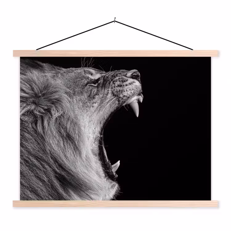 Dieren - Leeuw - Zwart - Wit - Portret textielposter latten blank klein -3d