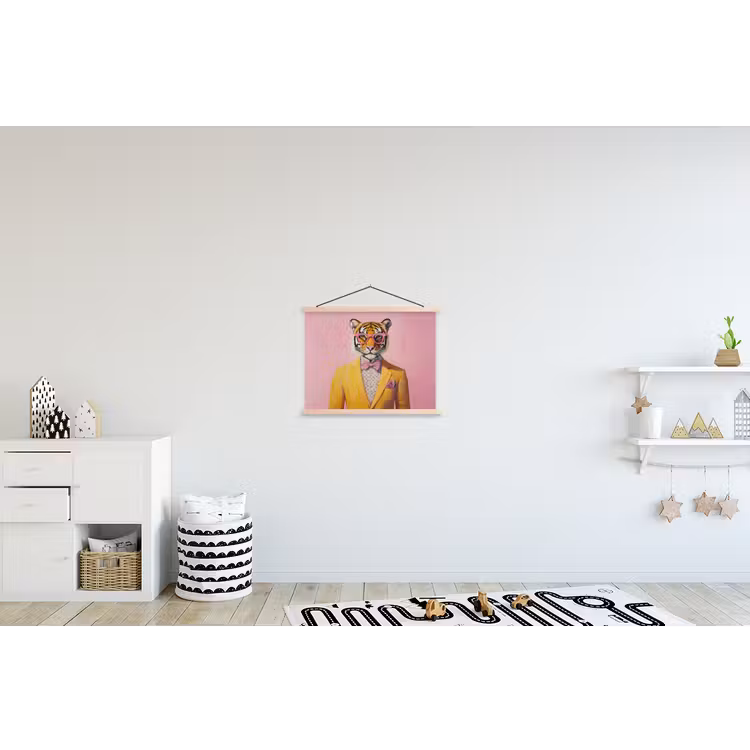 Tijger - Bril - Geel - Jasje textielposter latten blank klein -kinderkamer