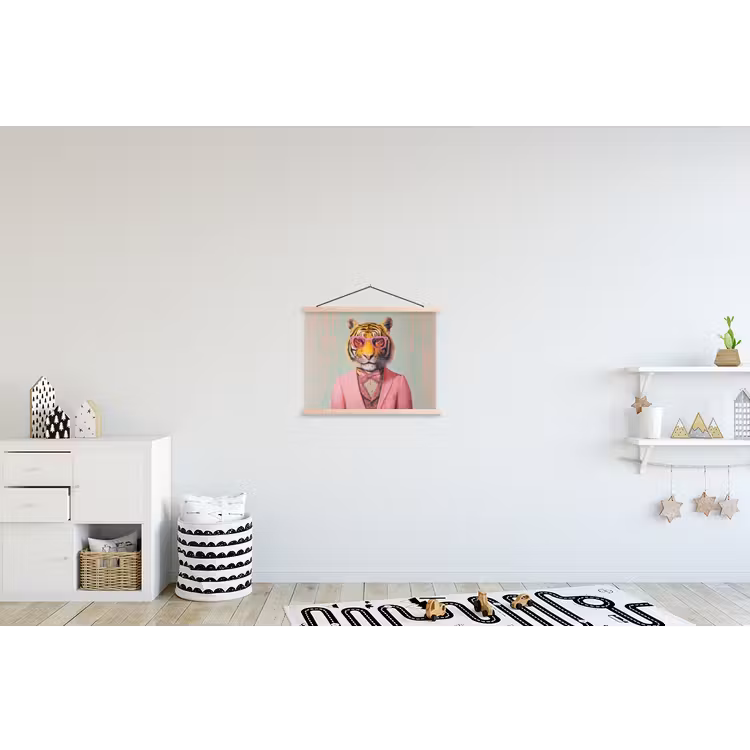 Tijger - Strik - Jasje - Roze textielposter latten blank klein -kinderkamer
