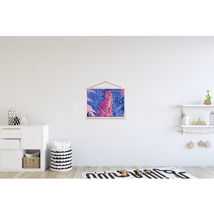 Tijger - Roze - Bladeren - Jungle textielposter latten blank klein -kinderkamer