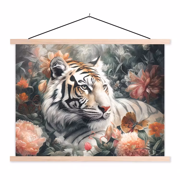 Tijger - Wilde dieren - Bloemen - Jungle textielposter latten blank klein -3d