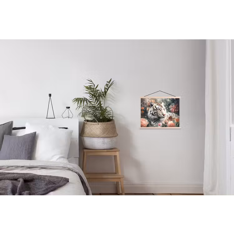 Tijger - Wilde dieren - Bloemen - Jungle textielposter latten blank klein -woonkamer