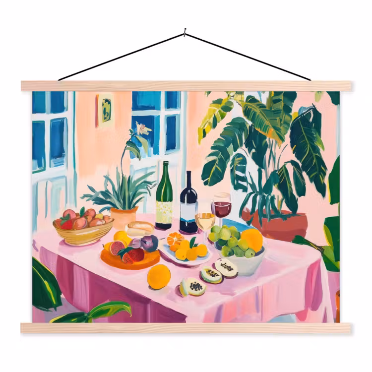 Tafel - Wijn - Fruit textielposter latten blank klein -3d
