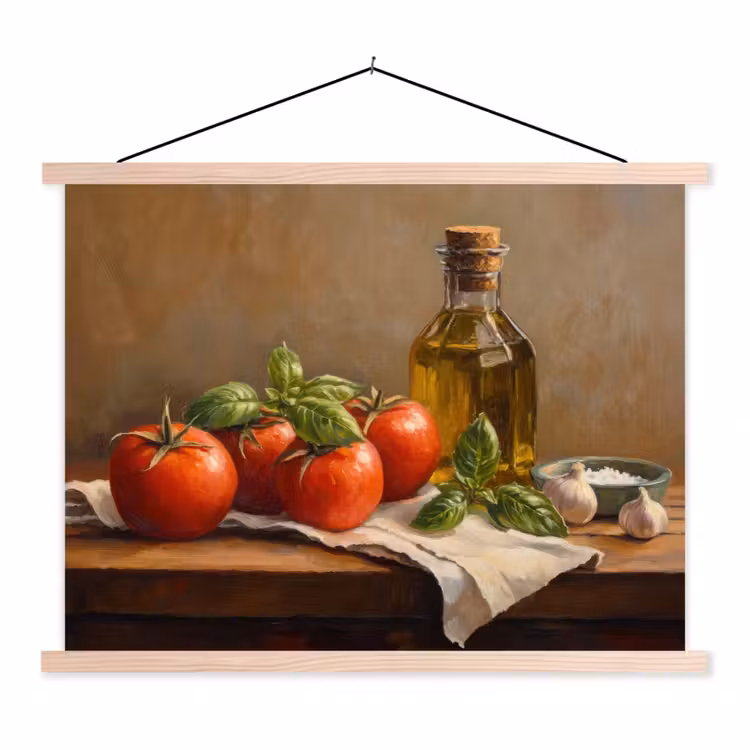 Tomaten - Olijfolie - Stilleven textielposter latten blank klein -3d