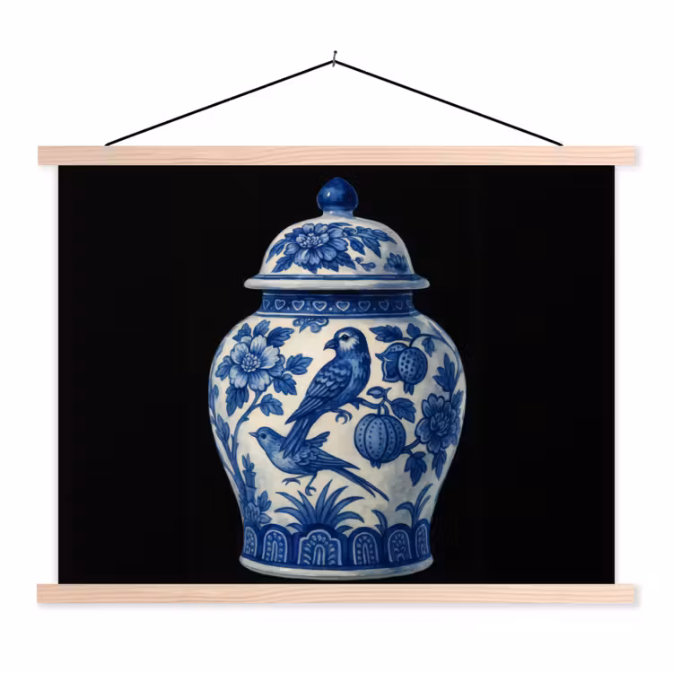 Pot - Delfts Blauw - Bloemen textielposter latten blank klein -3d