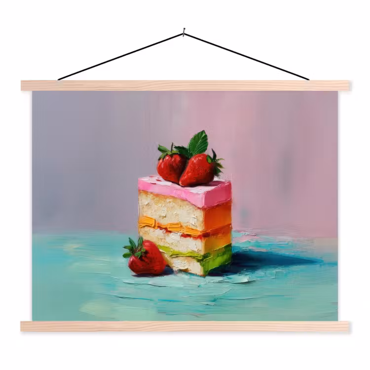 Taartje - Aardbeien - Glazuur - Kleurrijk textielposter latten blank klein -3d