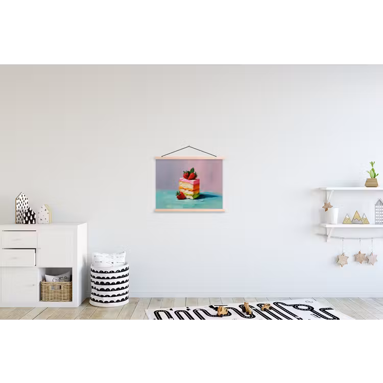 Taartje - Aardbeien - Glazuur - Kleurrijk textielposter latten blank klein -kinderkamer