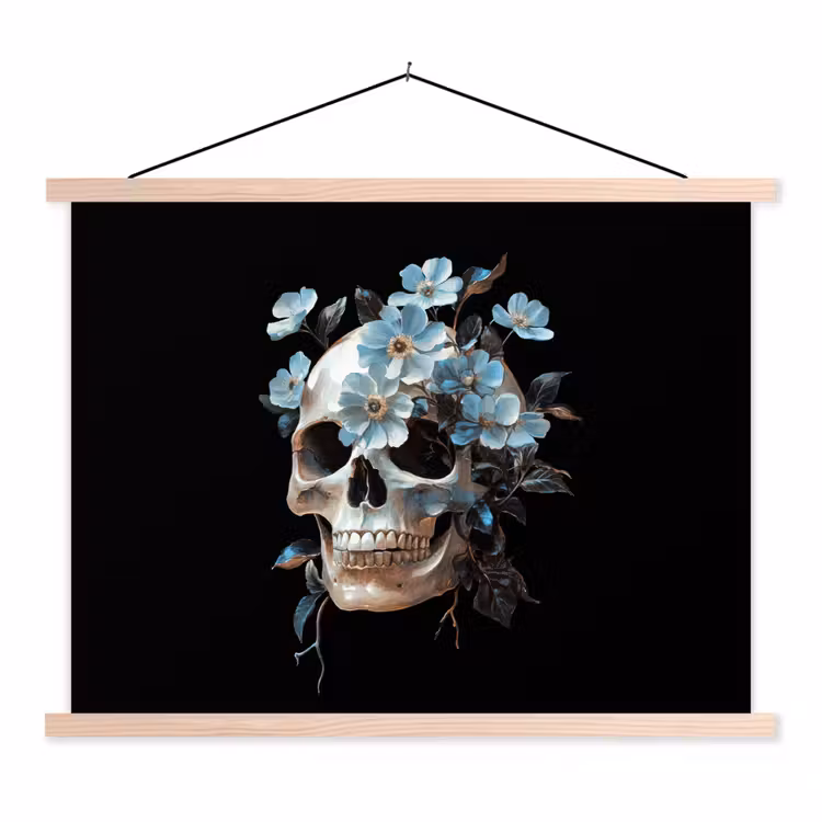 Schedel - Blauw - Bloemen - Bladeren textielposter latten blank klein -3d