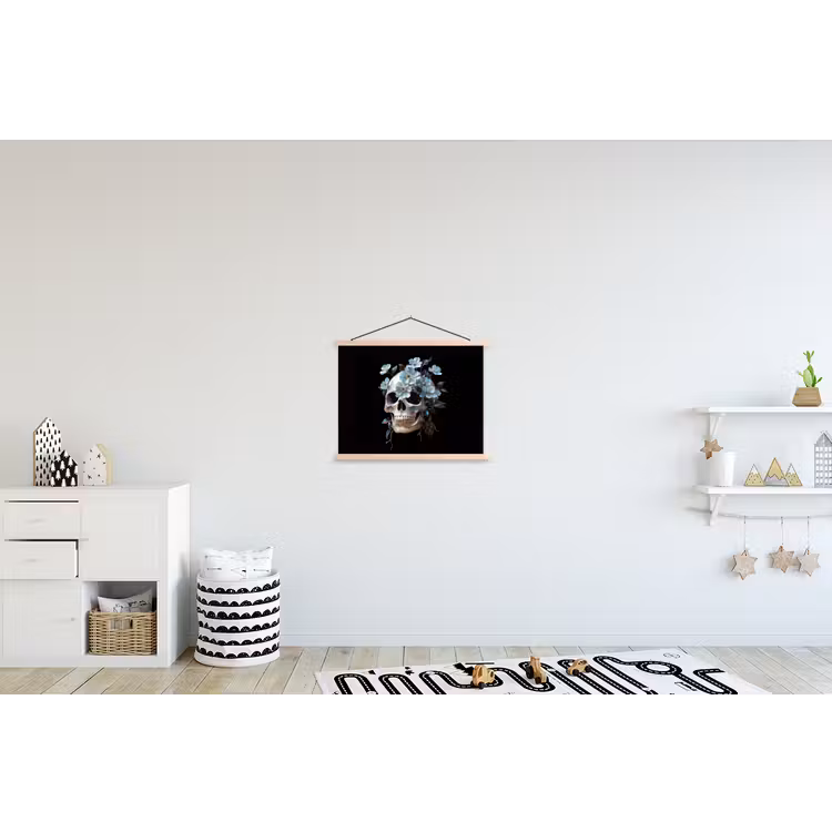 Schedel - Blauw - Bloemen - Bladeren textielposter latten blank klein -kinderkamer