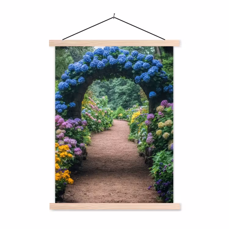 Doorkijk - Bloemen - Hortensia - Pad textielposter latten blank klein -3d
