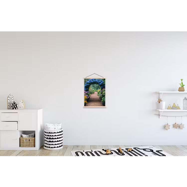 Doorkijk - Bloemen - Hortensia - Pad textielposter latten blank klein -kinderkamer