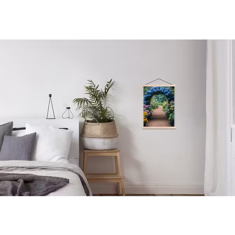 Doorkijk - Bloemen - Hortensia - Pad textielposter latten blank klein -woonkamer