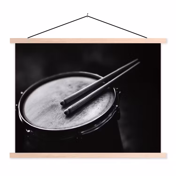 Trommel - Close-up - Drumstokken - Zwart textielposter latten blank klein -3d