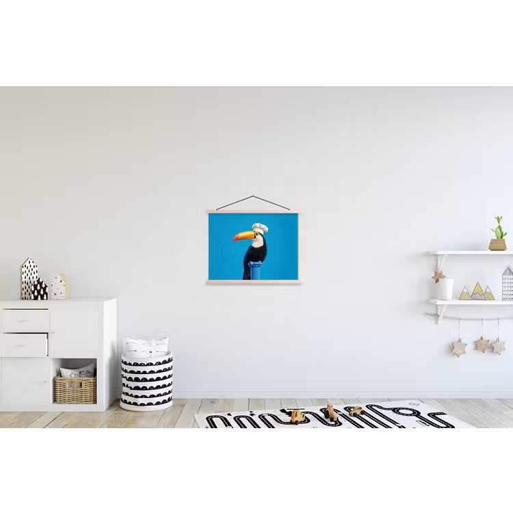 Tucan - Sokkel - Vogel - Koksmuts textielposter latten blank klein -kinderkamer