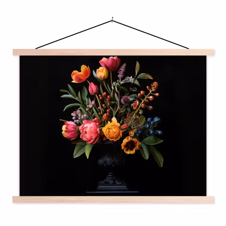 Tulpen - Bessen - Boeket - Vaas textielposter latten blank klein -3d