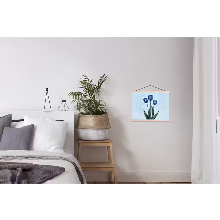 Tulpen - Blauw - Bladeren textielposter latten blank klein -woonkamer