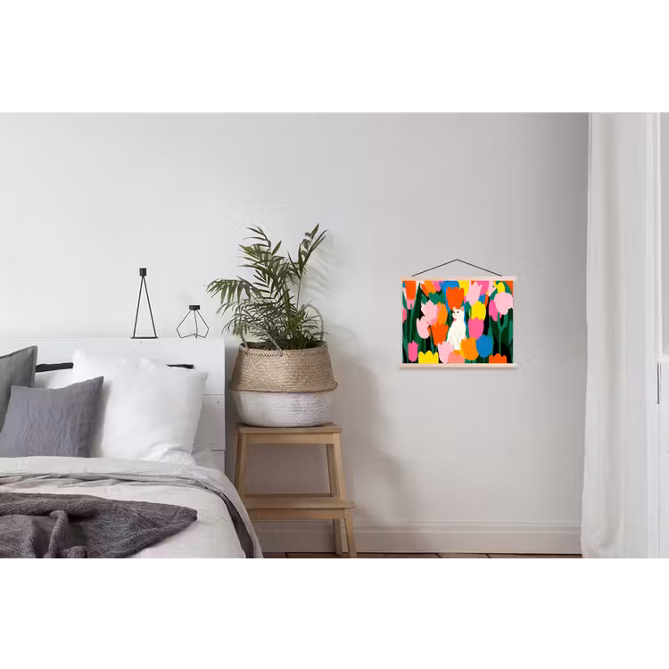 Tulpen - Kat - Kleurrijk textielposter latten blank klein -woonkamer