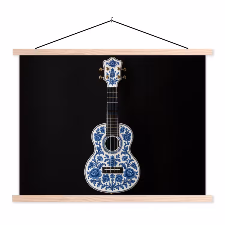 Ukelele - Delfts - Blauw - Muziek textielposter latten blank klein -3d