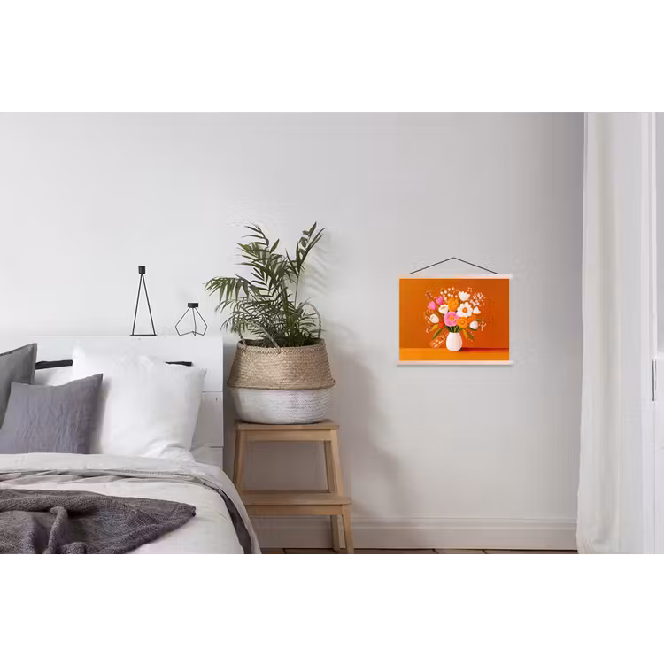 Vaas - Bloemen - Oranje textielposter latten blank klein -woonkamer