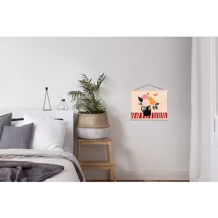 Vaas - Bloemen - Vlinder - Rood textielposter latten blank klein -woonkamer