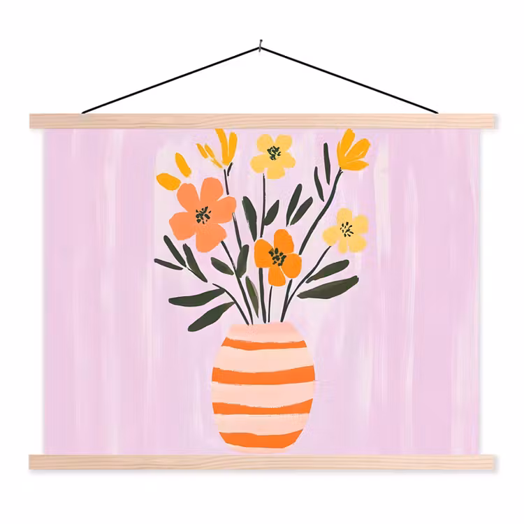 Vaas - Gestreept - Bloemen - Oranje textielposter latten blank klein -3d