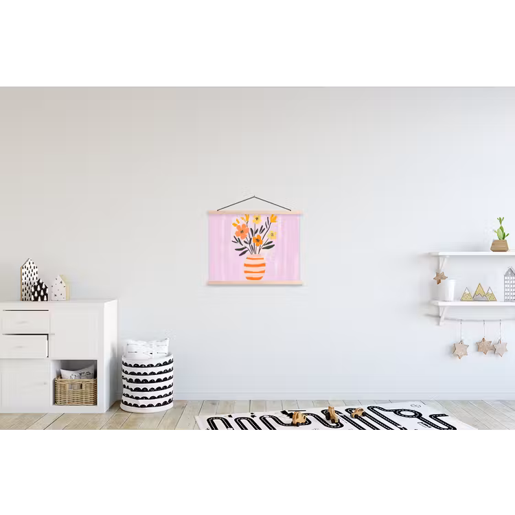 Vaas - Gestreept - Bloemen - Oranje textielposter latten blank klein -kinderkamer